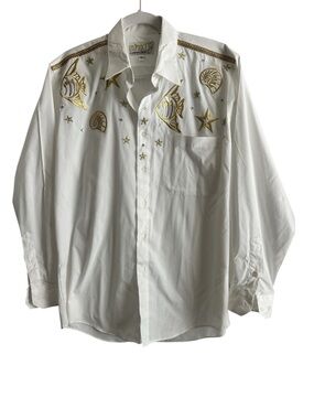 White Button-Down Shirt with Gold Embroidered Stars and Nautical Motifs